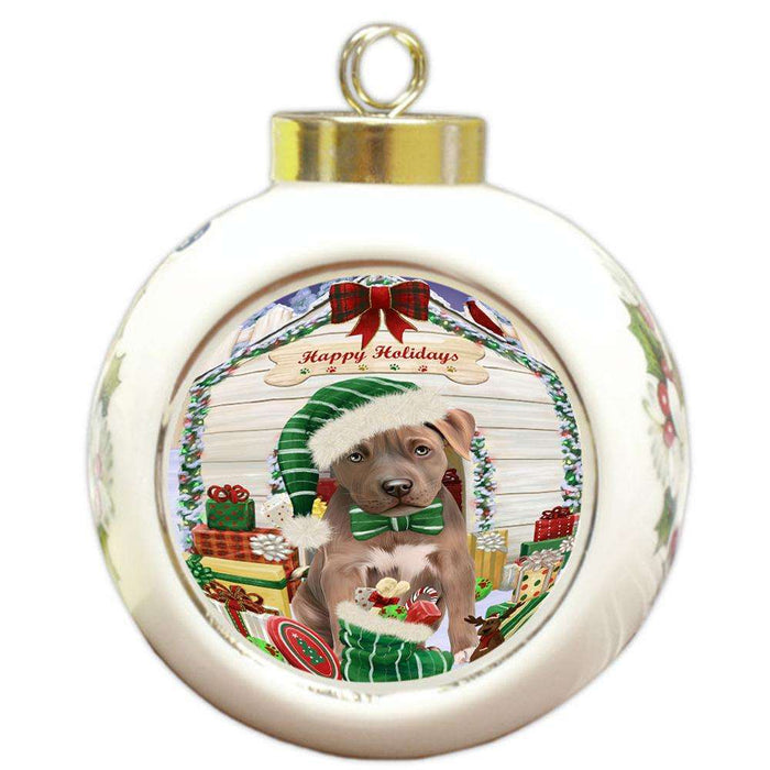 Happy Holidays Christmas Pit Bull Dog House With Presents Round Ball Christmas Ornament RBPOR52117