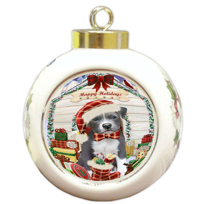 Happy Holidays Christmas Pit Bull Dog House With Presents Round Ball Christmas Ornament RBPOR52118