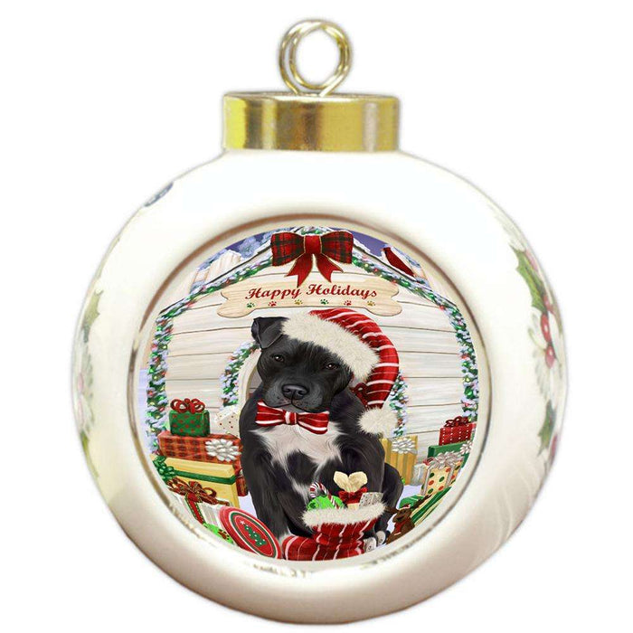 Happy Holidays Christmas Pit Bull Dog House With Presents Round Ball Christmas Ornament RBPOR52119