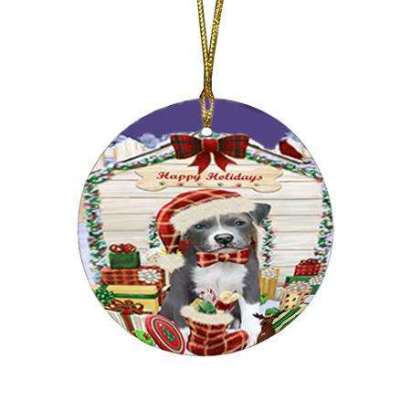 Happy Holidays Christmas Pit Bull Dog House With Presents Round Flat Christmas Ornament RFPOR52109