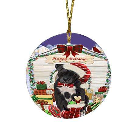 Happy Holidays Christmas Pit Bull Dog House With Presents Round Flat Christmas Ornament RFPOR52110