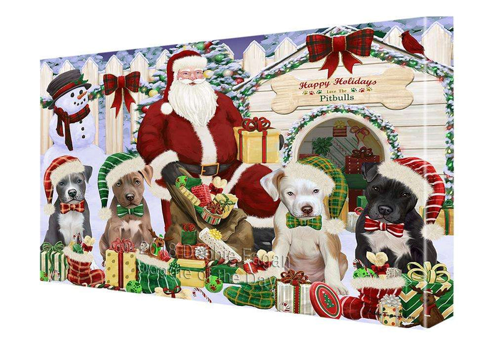 Happy Holidays Christmas Pit bulls Dog House Gathering Canvas Print Wall Art Décor CVS86066