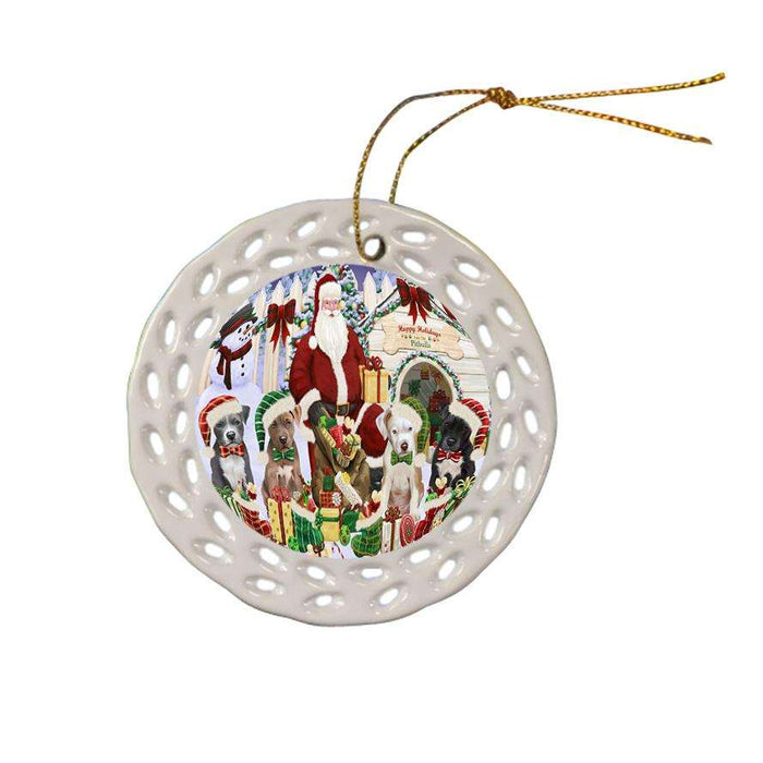 Happy Holidays Christmas Pit bulls Dog House Gathering Ceramic Doily Ornament DPOR52089