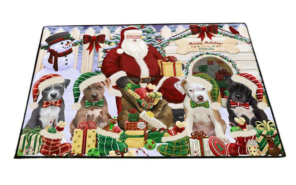 Happy Holidays Christmas Pit bulls Dog House Gathering Floormat FLMS51495