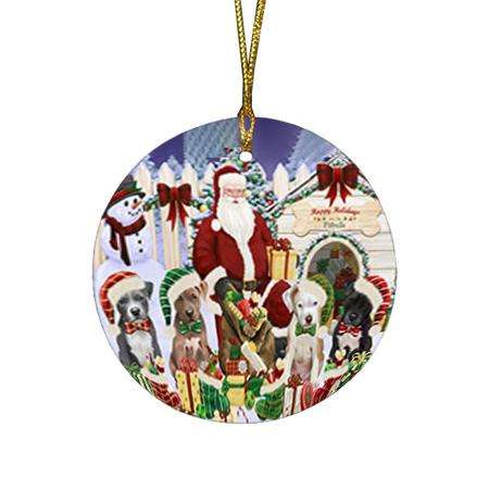 Happy Holidays Christmas Pit bulls Dog House Gathering Round Flat Christmas Ornament RFPOR52080