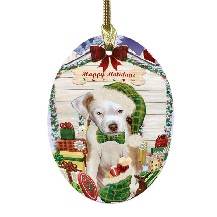 Happy Holidays Christmas Pit Bull House With Presents Oval Glass Christmas Ornament OGOR49914