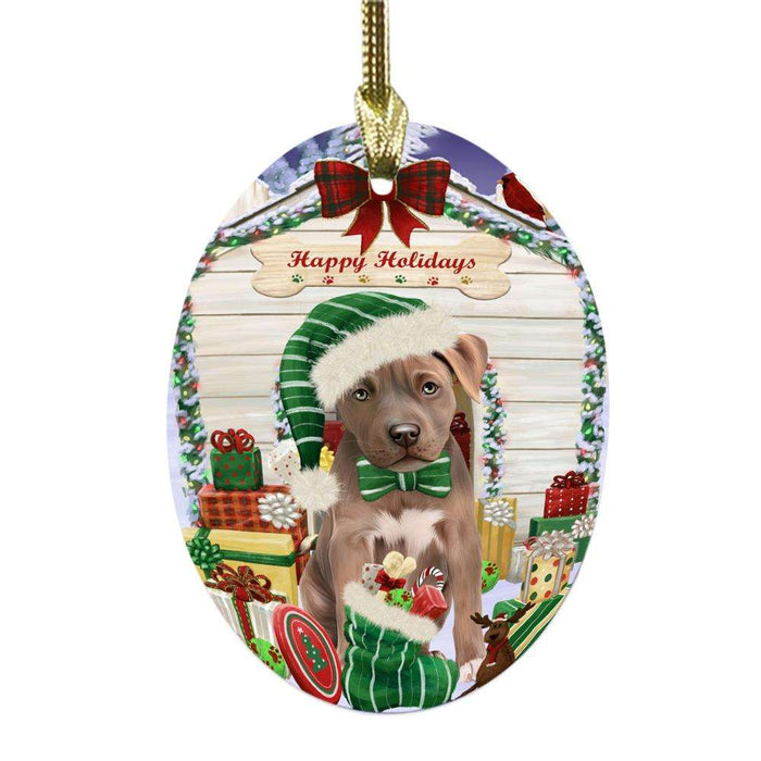 Happy Holidays Christmas Pit Bull House With Presents Oval Glass Christmas Ornament OGOR49915