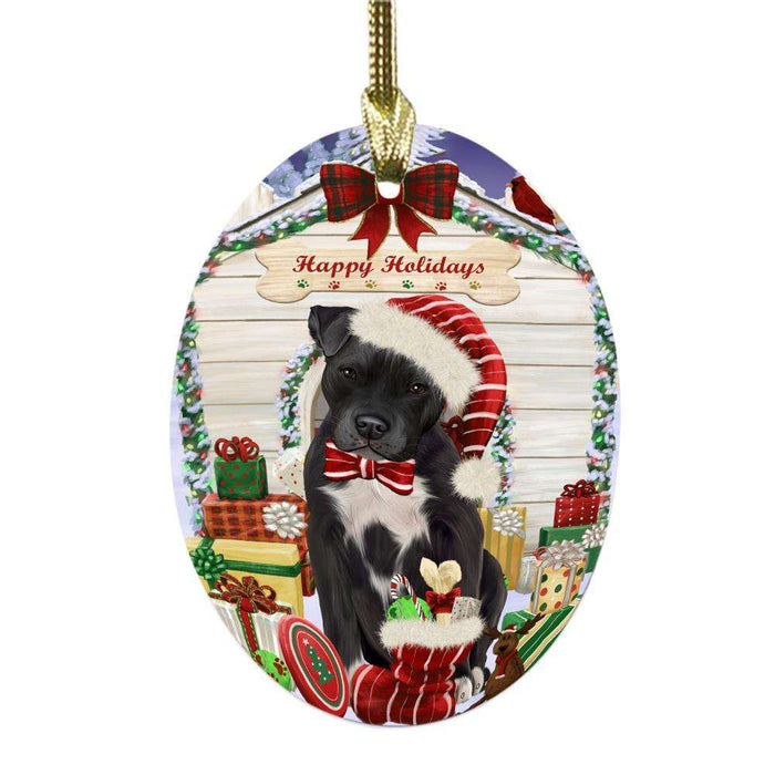 Happy Holidays Christmas Pit Bull House With Presents Oval Glass Christmas Ornament OGOR49917