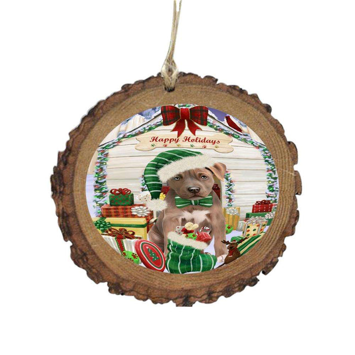 Happy Holidays Christmas Pit Bull House With Presents Wooden Christmas Ornament WOR49915