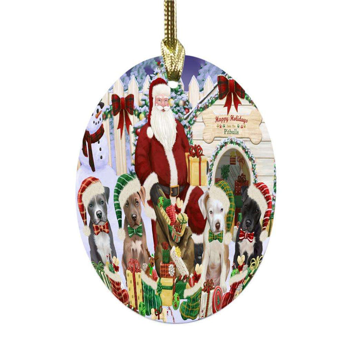 Happy Holidays Christmas Pit Bulls Dog House Gathering Oval Glass Christmas Ornament OGOR49715