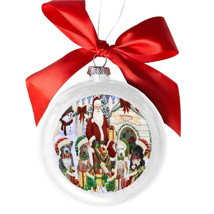 Happy Holidays Christmas Pit Bulls Dog House Gathering White Round Ball Christmas Ornament WBSOR49715
