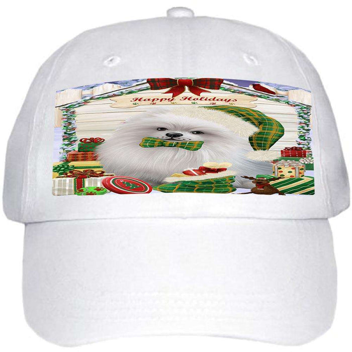 Happy Holidays Christmas Pomeranian Dog House With Presents Ball Hat Cap HAT60249