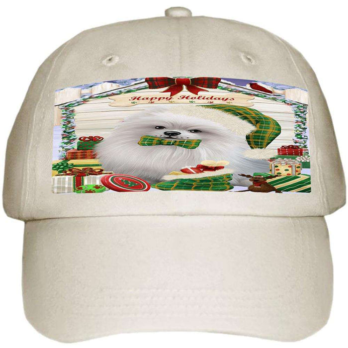 Happy Holidays Christmas Pomeranian Dog House With Presents Ball Hat Cap HAT60249