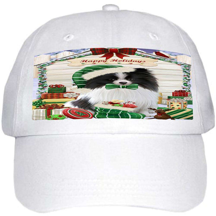 Happy Holidays Christmas Pomeranian Dog House With Presents Ball Hat Cap HAT60252