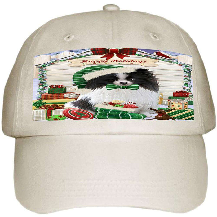 Happy Holidays Christmas Pomeranian Dog House With Presents Ball Hat Cap HAT60252