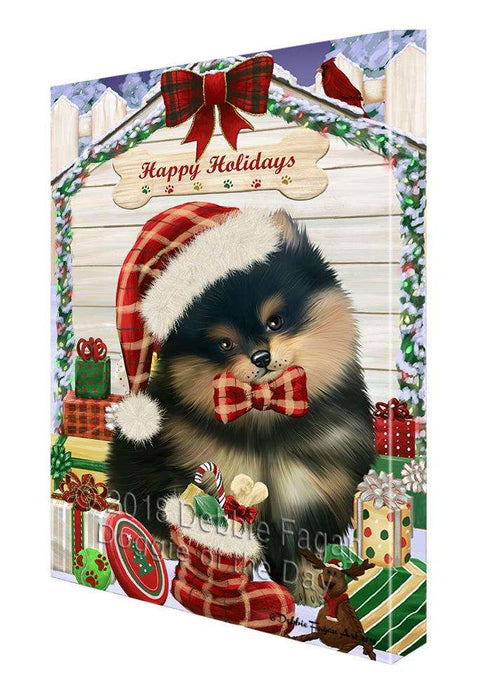 Happy Holidays Christmas Pomeranian Dog House With Presents Canvas Print Wall Art Décor CVS86363