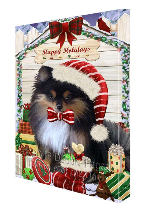 Happy Holidays Christmas Pomeranian Dog House With Presents Canvas Print Wall Art Décor CVS86372