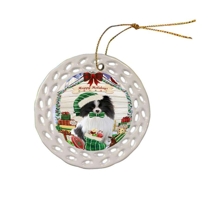 Happy Holidays Christmas Pomeranian Dog House With Presents Ceramic Doily Ornament DPOR52121