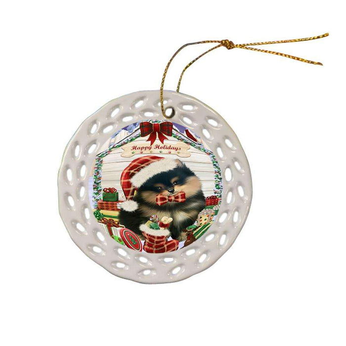 Happy Holidays Christmas Pomeranian Dog House With Presents Ceramic Doily Ornament DPOR52122