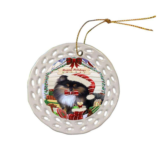 Happy Holidays Christmas Pomeranian Dog House With Presents Ceramic Doily Ornament DPOR52123