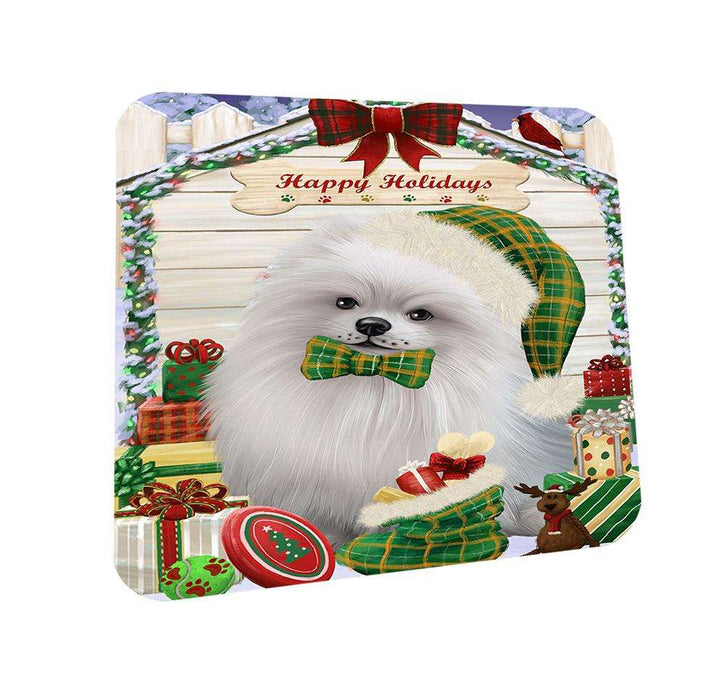 Happy Holidays Christmas Pomeranian Dog House With Presents Coasters Set of 4 CST52079