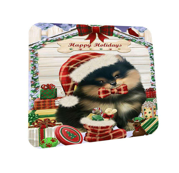 Happy Holidays Christmas Pomeranian Dog House With Presents Coasters Set of 4 CST52081