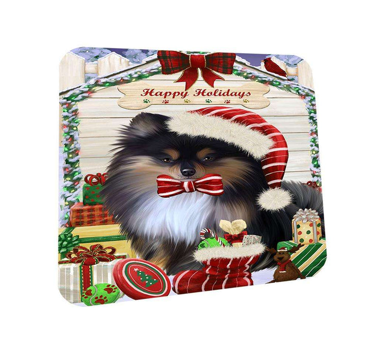 Happy Holidays Christmas Pomeranian Dog House With Presents Coasters Set of 4 CST52082