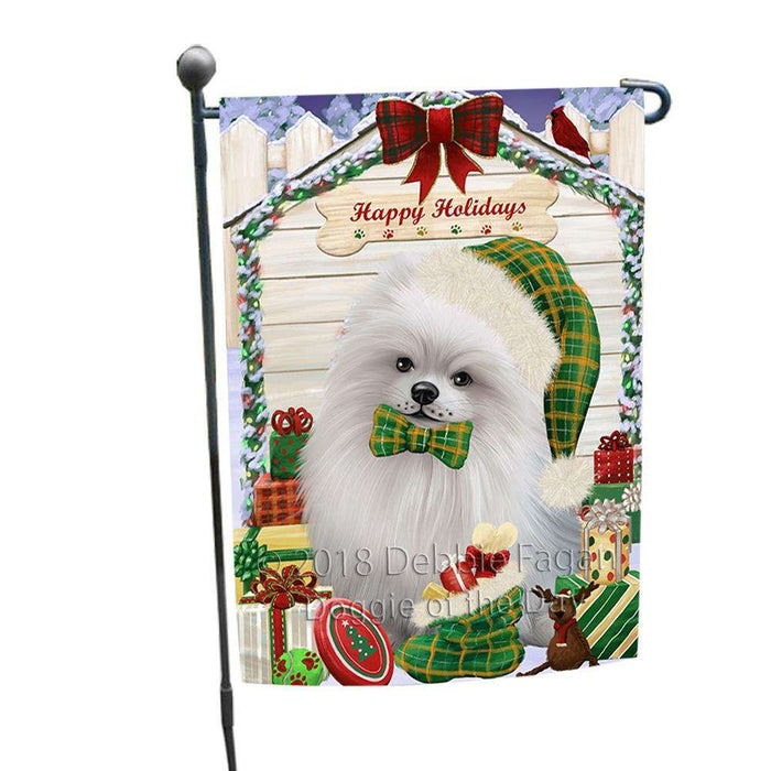 Happy Holidays Christmas Pomeranian Dog House With Presents Garden Flag GFLG52117