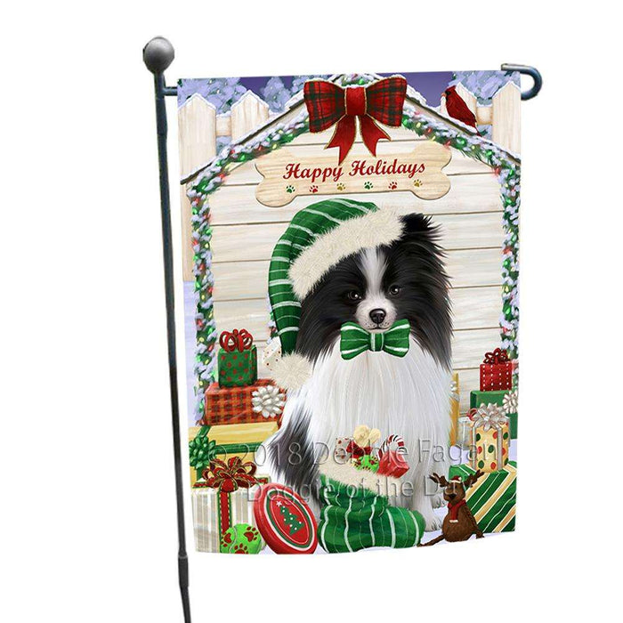Happy Holidays Christmas Pomeranian Dog House With Presents Garden Flag GFLG52118