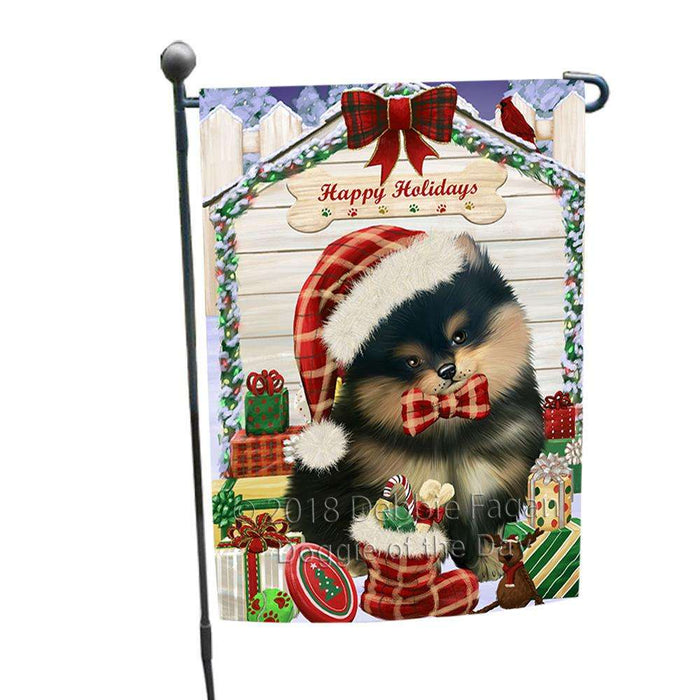 Happy Holidays Christmas Pomeranian Dog House With Presents Garden Flag GFLG52119