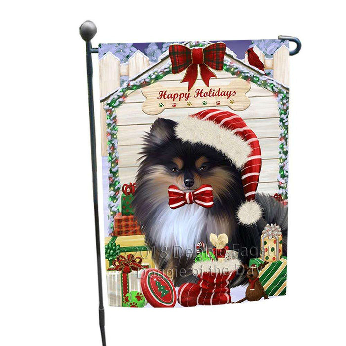 Happy Holidays Christmas Pomeranian Dog House With Presents Garden Flag GFLG52120