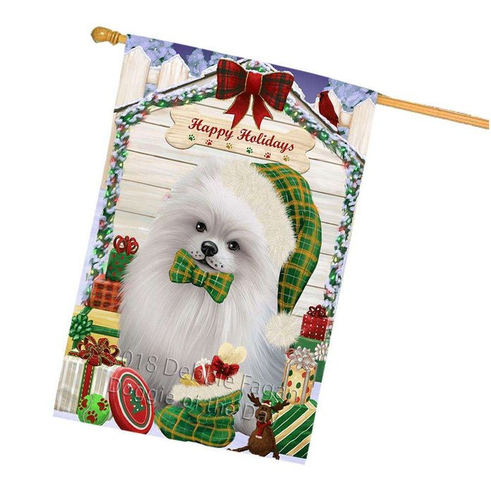Happy Holidays Christmas Pomeranian Dog House With Presents House Flag FLG52253