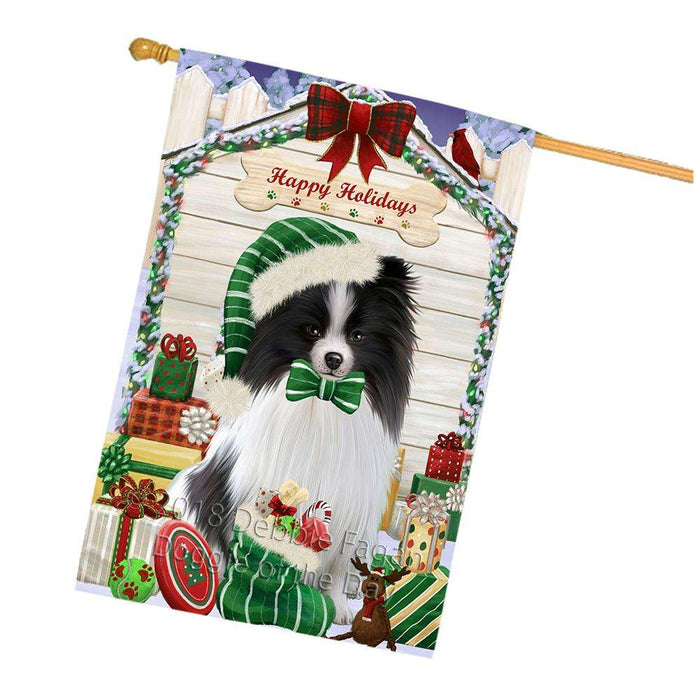 Happy Holidays Christmas Pomeranian Dog House With Presents House Flag FLG52254