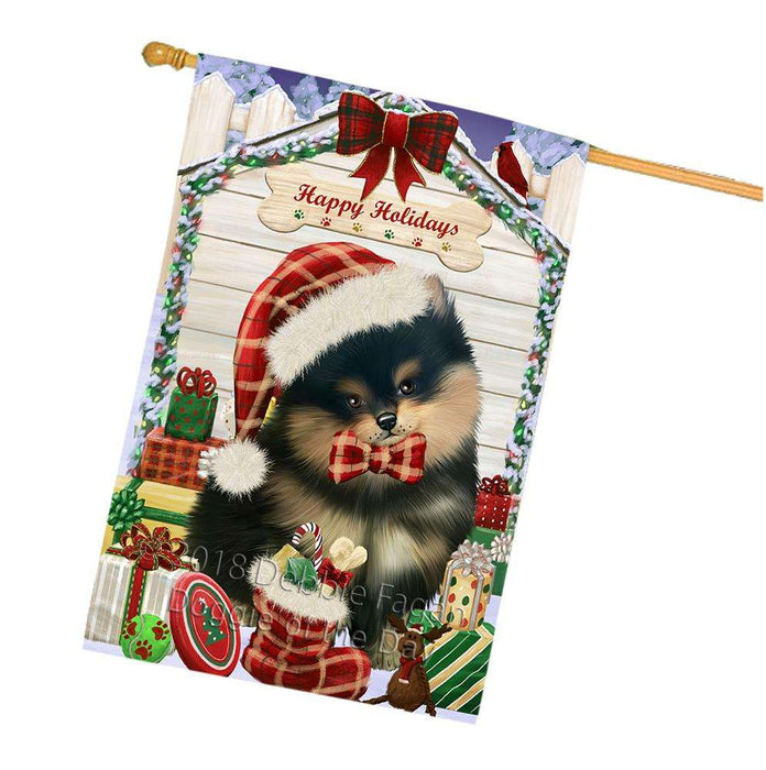 Happy Holidays Christmas Pomeranian Dog House With Presents House Flag FLG52255