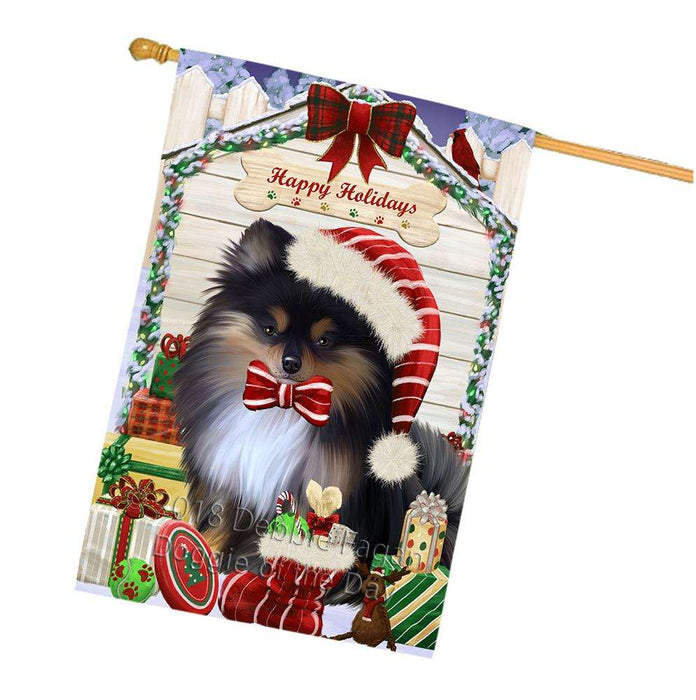 Happy Holidays Christmas Pomeranian Dog House With Presents House Flag FLG52256