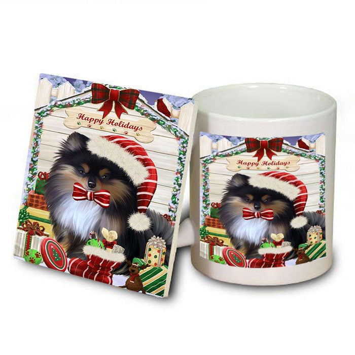 Happy Holidays Christmas Pomeranian Dog House With Presents Mug and Coaster Set MUC52115