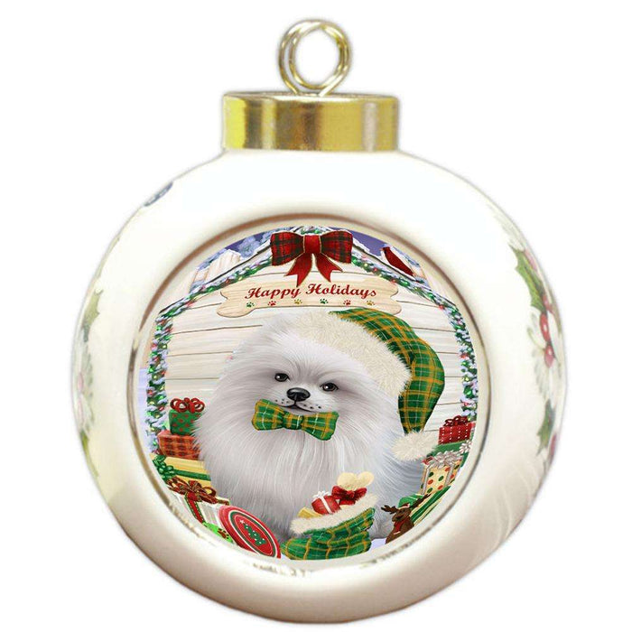 Happy Holidays Christmas Pomeranian Dog House With Presents Round Ball Christmas Ornament RBPOR52120