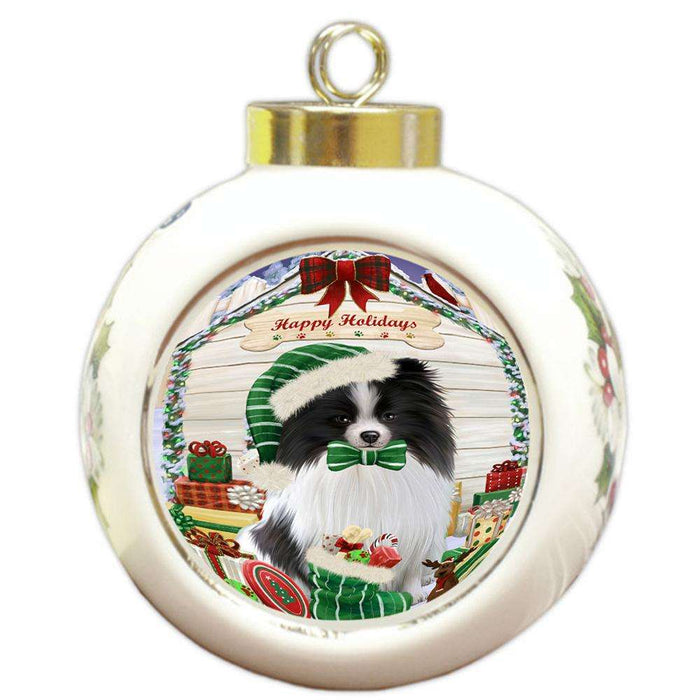 Happy Holidays Christmas Pomeranian Dog House With Presents Round Ball Christmas Ornament RBPOR52121