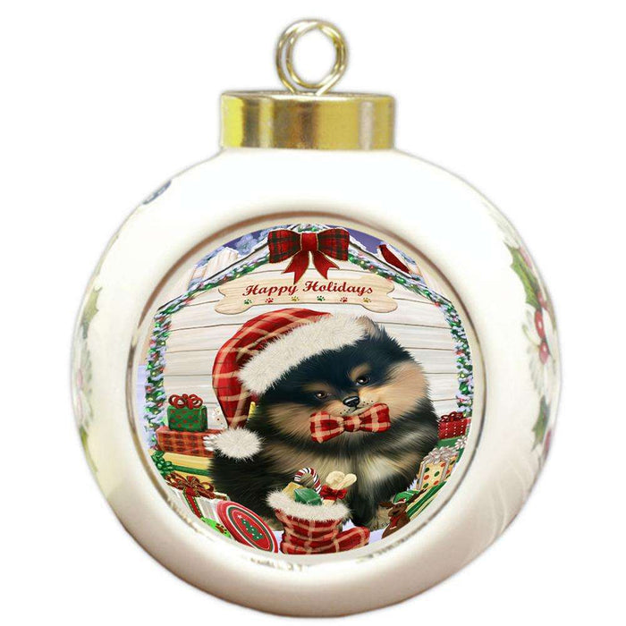 Happy Holidays Christmas Pomeranian Dog House With Presents Round Ball Christmas Ornament RBPOR52122