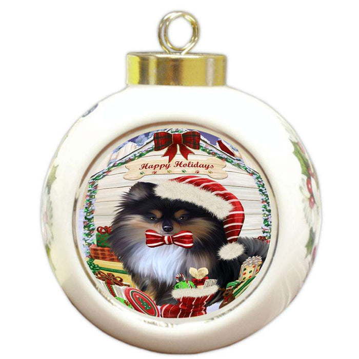 Happy Holidays Christmas Pomeranian Dog House With Presents Round Ball Christmas Ornament RBPOR52123