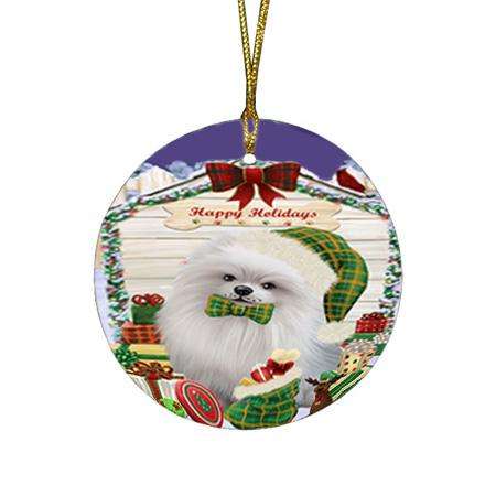 Happy Holidays Christmas Pomeranian Dog House With Presents Round Flat Christmas Ornament RFPOR52111