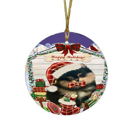 Happy Holidays Christmas Pomeranian Dog House With Presents Round Flat Christmas Ornament RFPOR52113