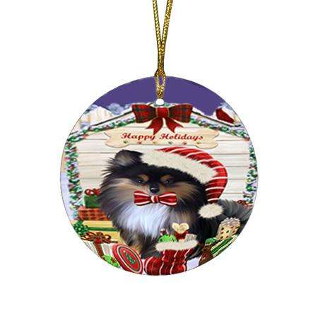 Happy Holidays Christmas Pomeranian Dog House With Presents Round Flat Christmas Ornament RFPOR52114