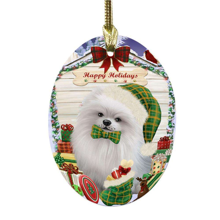 Happy Holidays Christmas Pomeranian House With Presents Oval Glass Christmas Ornament OGOR49918
