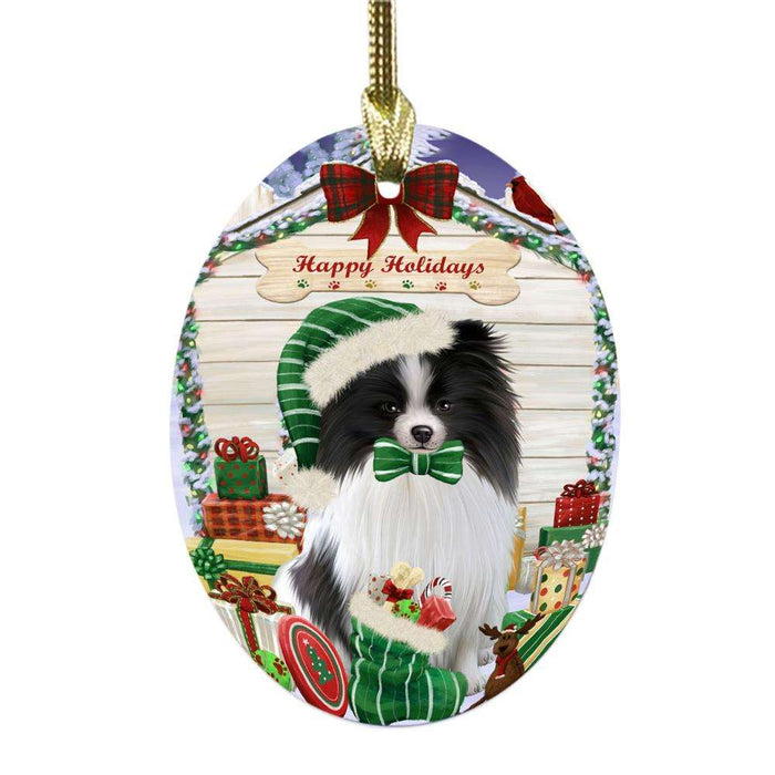 Happy Holidays Christmas Pomeranian House With Presents Oval Glass Christmas Ornament OGOR49919