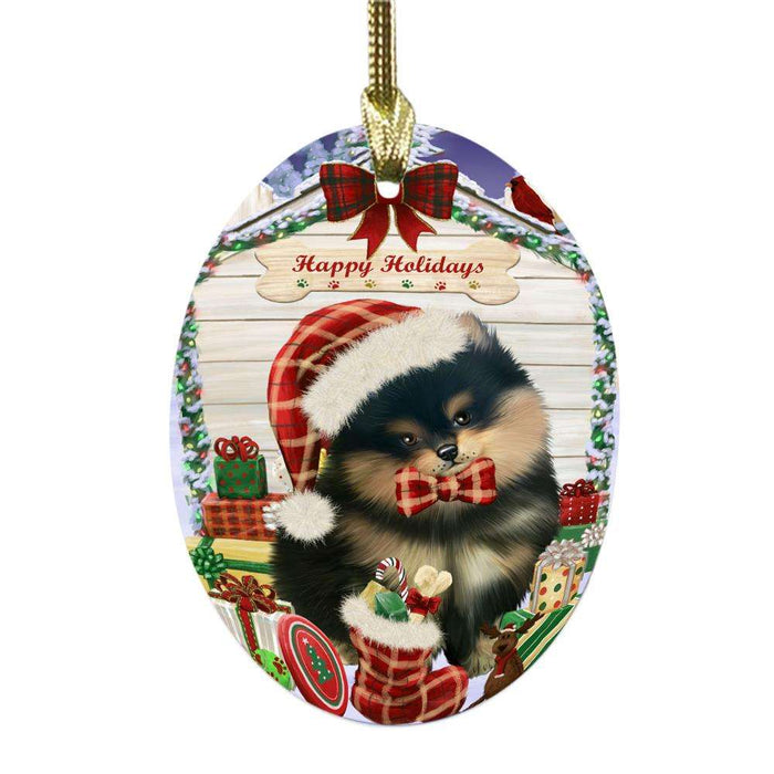Happy Holidays Christmas Pomeranian House With Presents Oval Glass Christmas Ornament OGOR49920