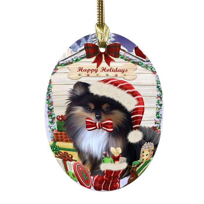 Happy Holidays Christmas Pomeranian House With Presents Oval Glass Christmas Ornament OGOR49921