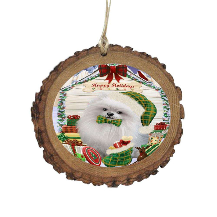 Happy Holidays Christmas Pomeranian House With Presents Wooden Christmas Ornament WOR49918