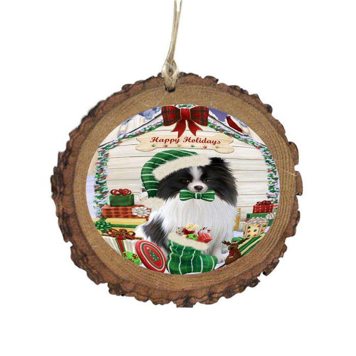 Happy Holidays Christmas Pomeranian House With Presents Wooden Christmas Ornament WOR49919