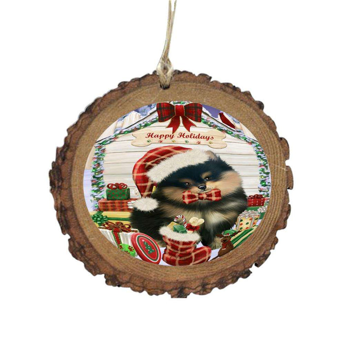 Happy Holidays Christmas Pomeranian House With Presents Wooden Christmas Ornament WOR49920